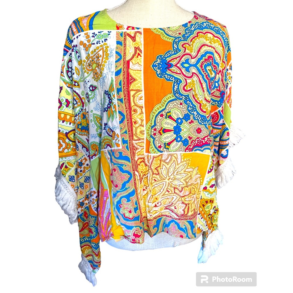 Westbound Petites Bright Colorful Paisley Pattern Shirt Butterfly Fringe Sleeves